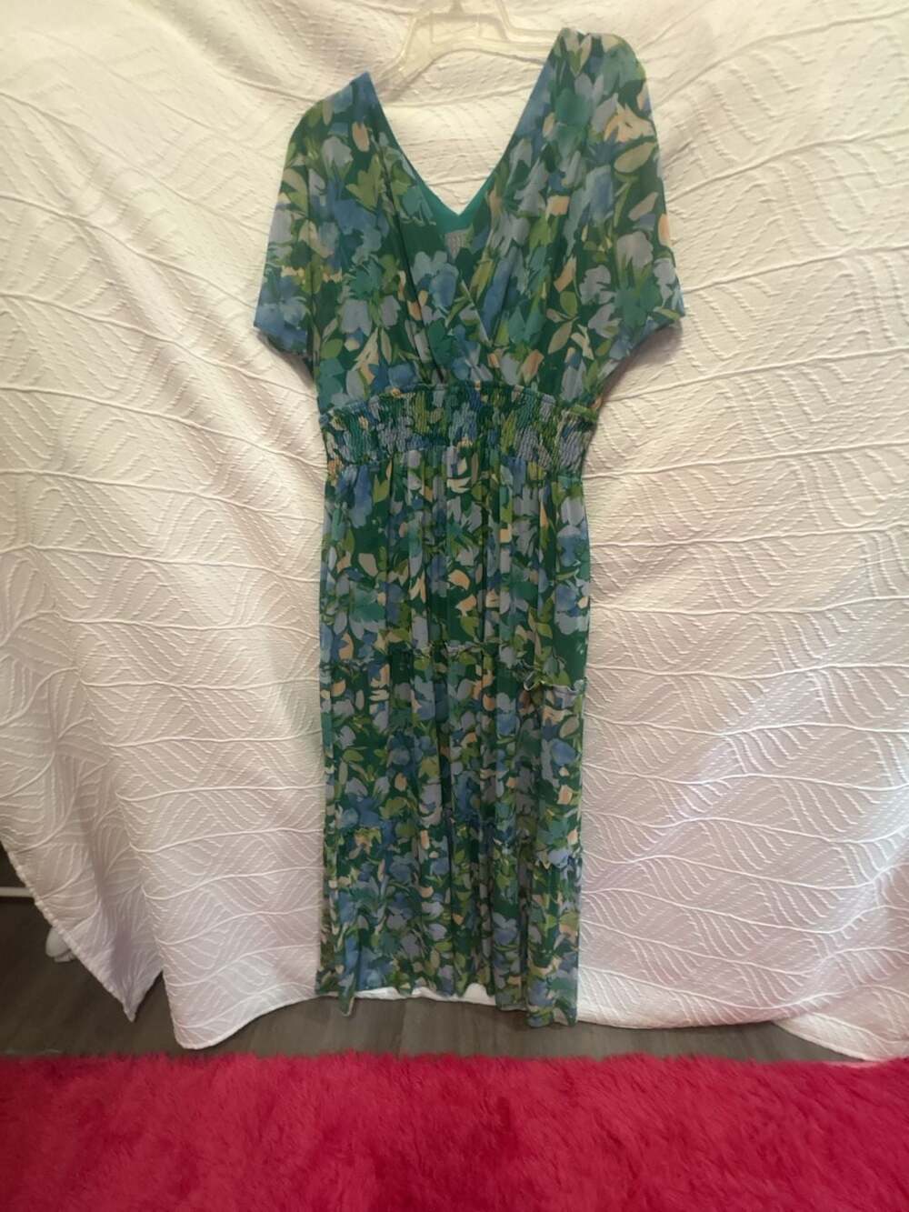 Rabbit Rabbit Rabbit  Gr. & Blue Floral V-Neck Smocked Waist  Sz 16